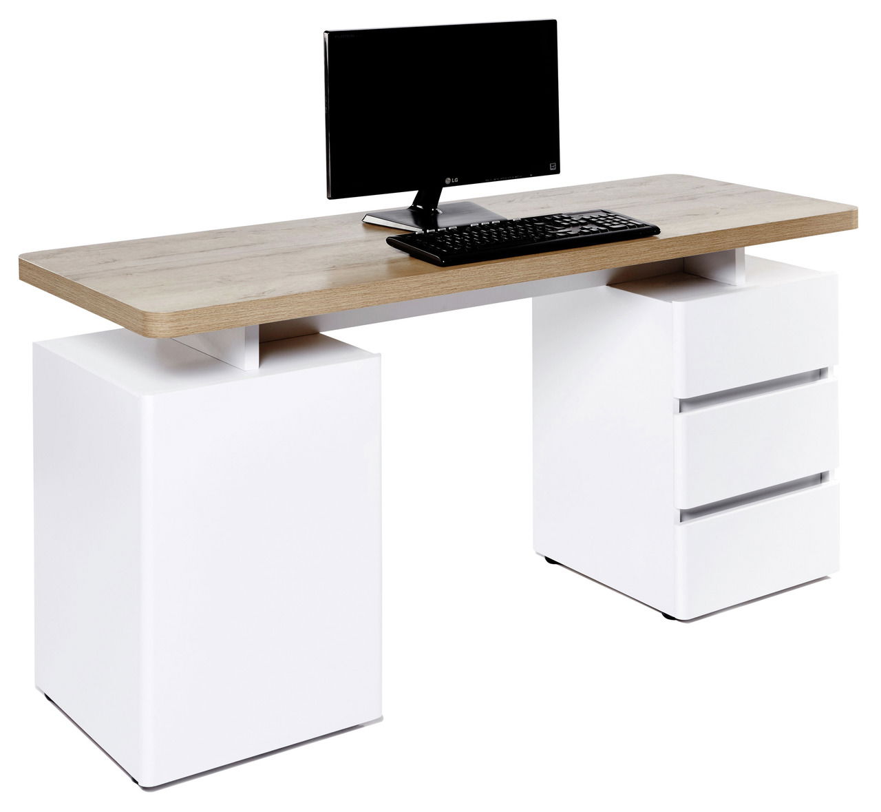 Moderner Schreibtisch mit Holzplatte und weißen Schubladen, seitliche Perspektive