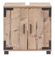 Waschbeckenunterschrank aus Holz mit Metallbeschlägen, frontale Ansicht