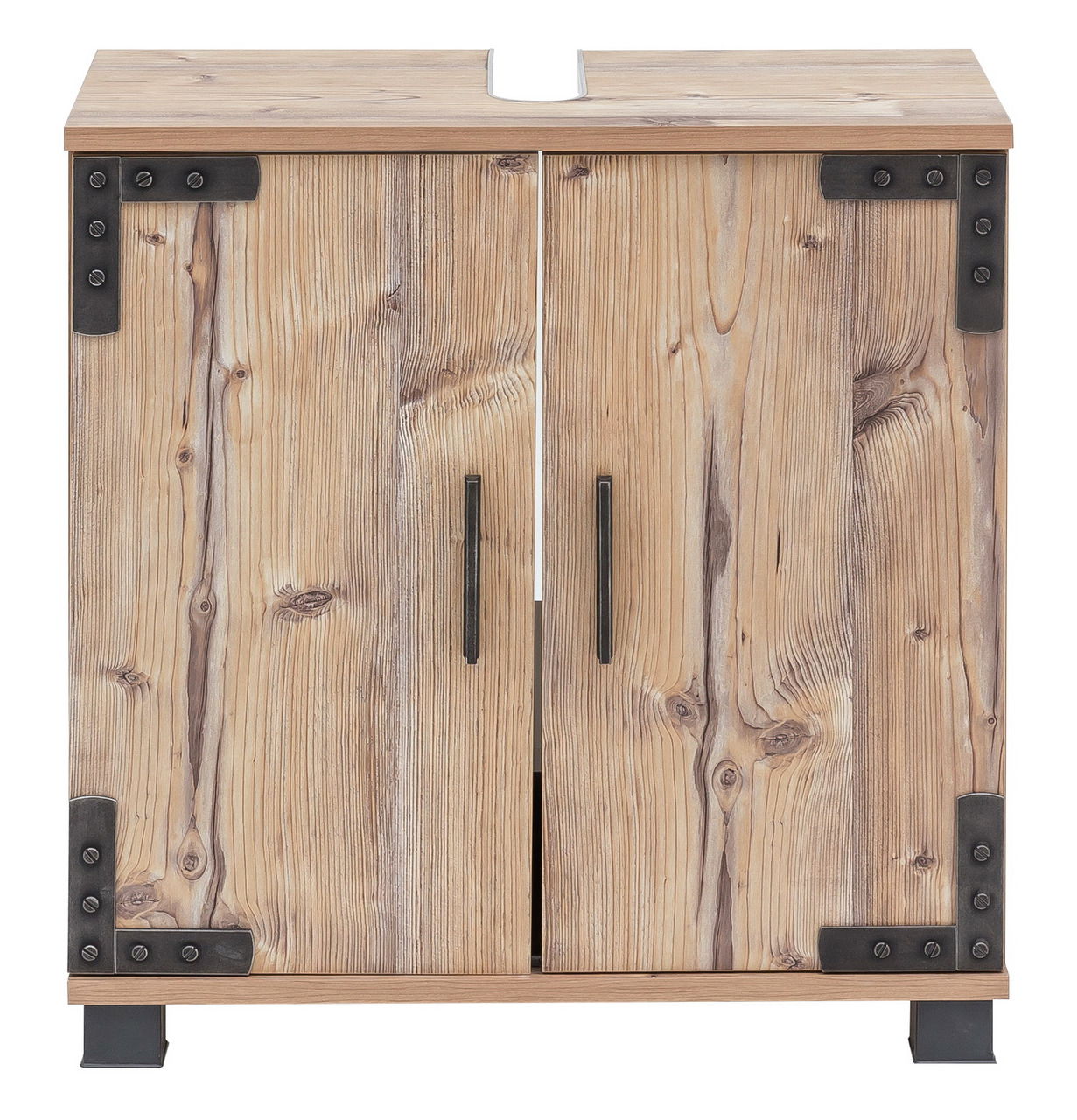Waschbeckenunterschrank aus Holz mit Metallbeschlägen, frontale Ansicht