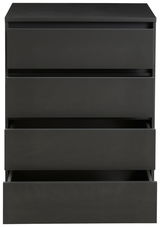 Schwarze Hochkommode mit vier Schubladen, teilweise geöffnet, in Frontalansicht