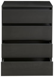Schwarze Hochkommode mit vier Schubladen, teilweise geöffnet, in Frontalansicht