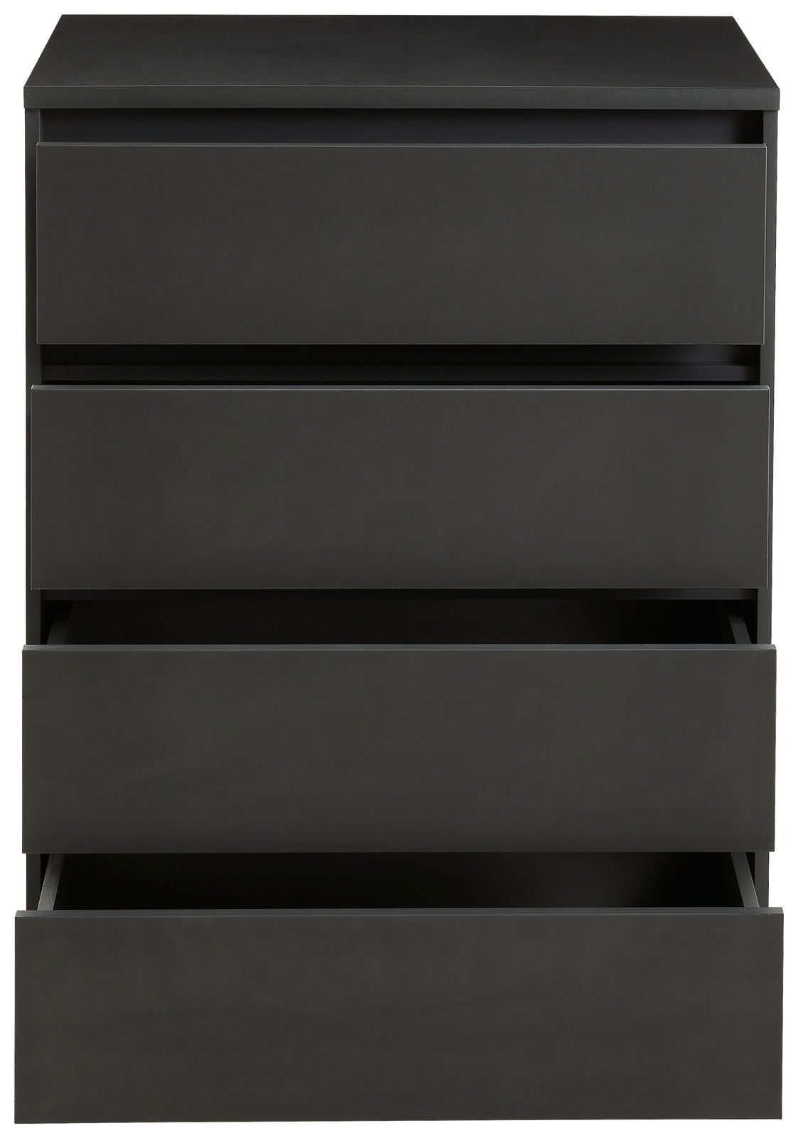 Schwarze Hochkommode mit vier Schubladen, teilweise geöffnet, in Frontalansicht