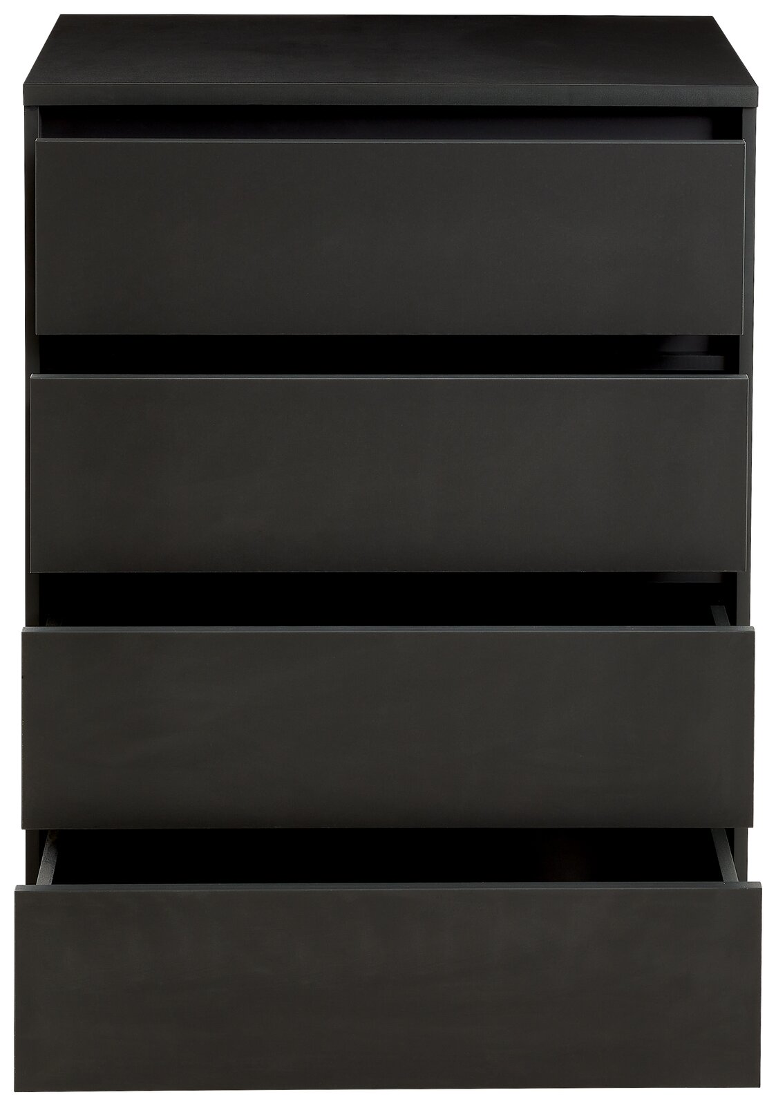Schwarze Hochkommode mit vier Schubladen, teilweise geöffnet, in Frontalansicht
