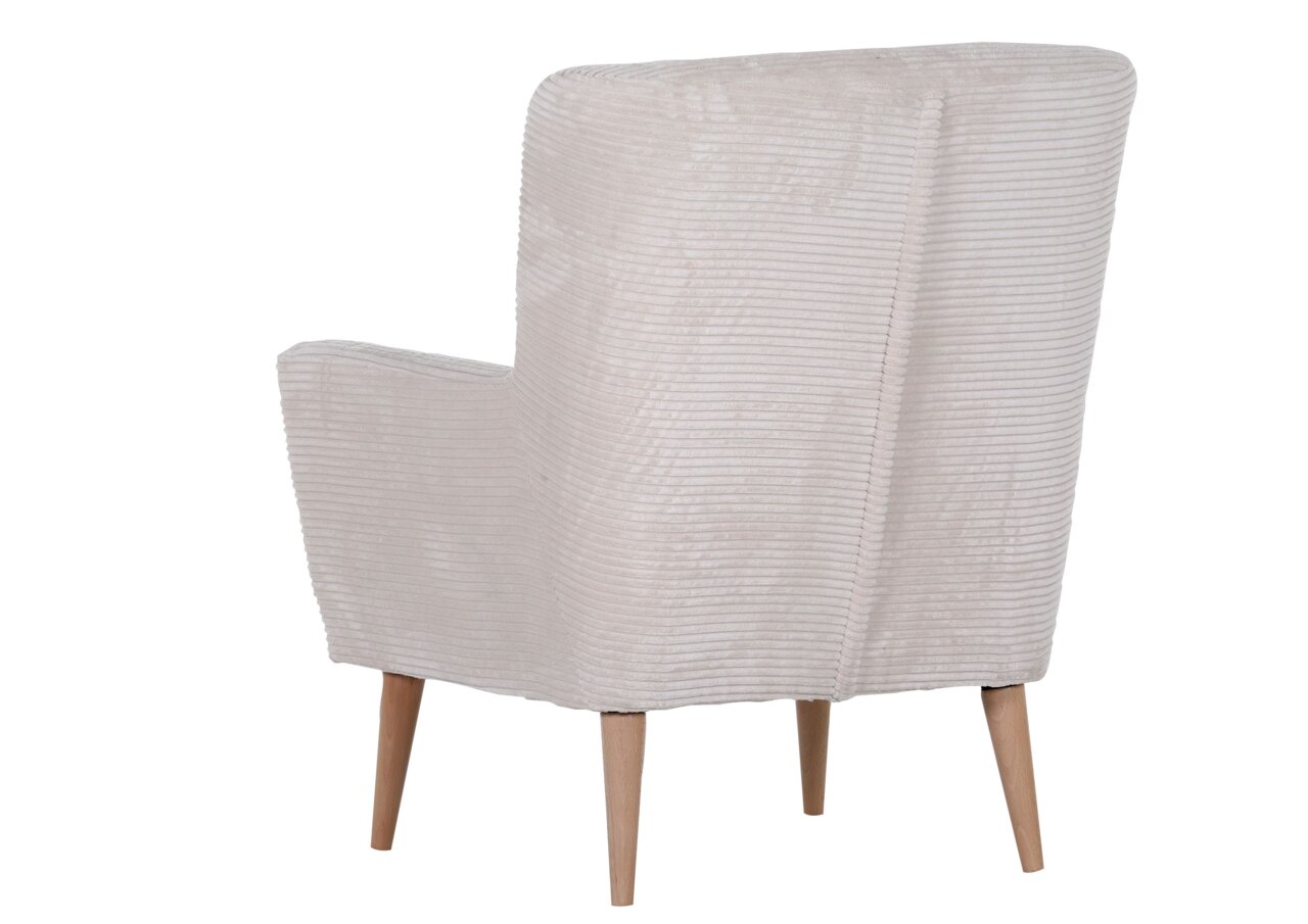 Beige fauteuil met corduroy bekleding en houten poten, achteraanzicht schuin rechts