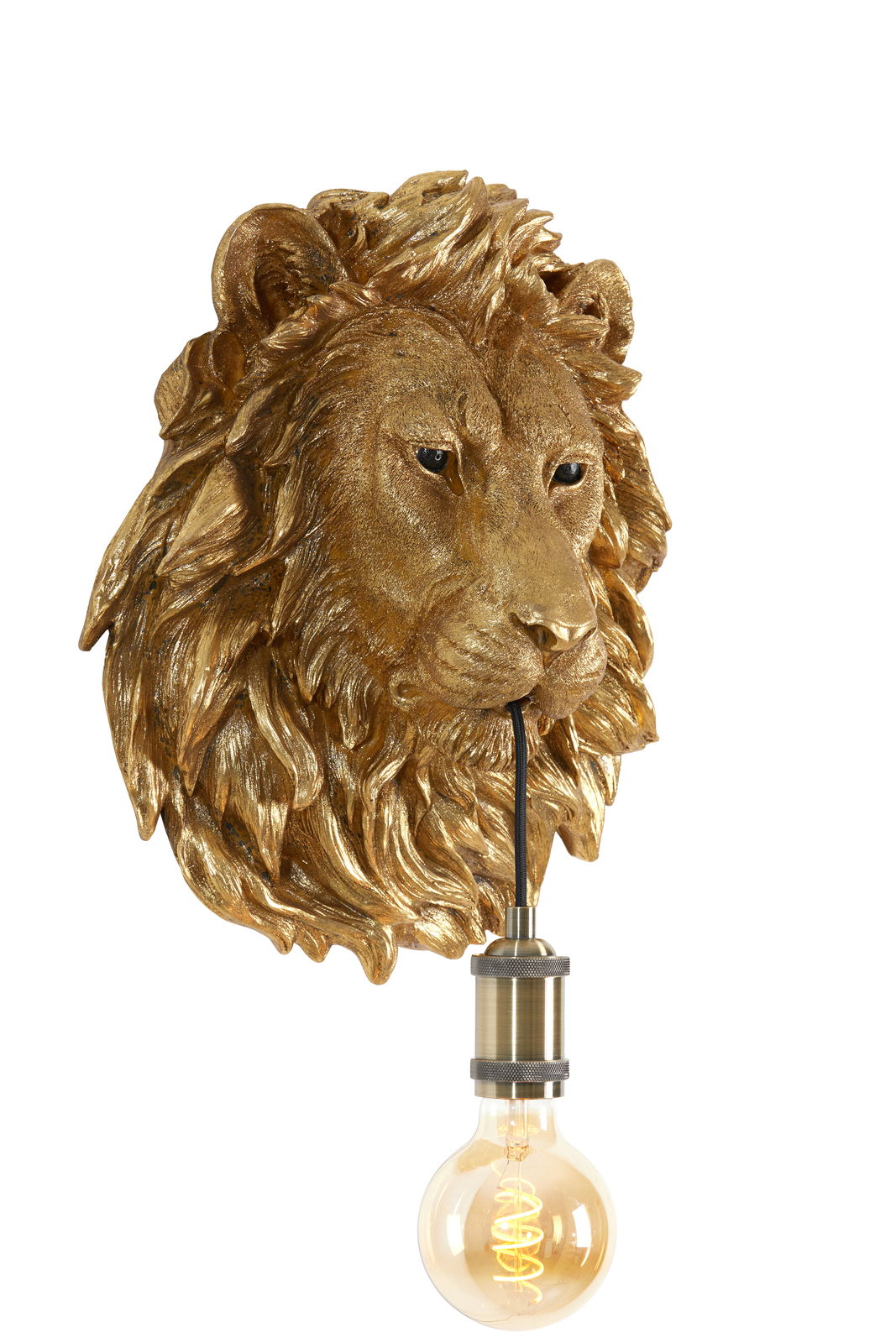 Goldene Wandleuchte in Form eines Löwenkopfes mit einer hängenden Glühbirne, Frontalansicht.