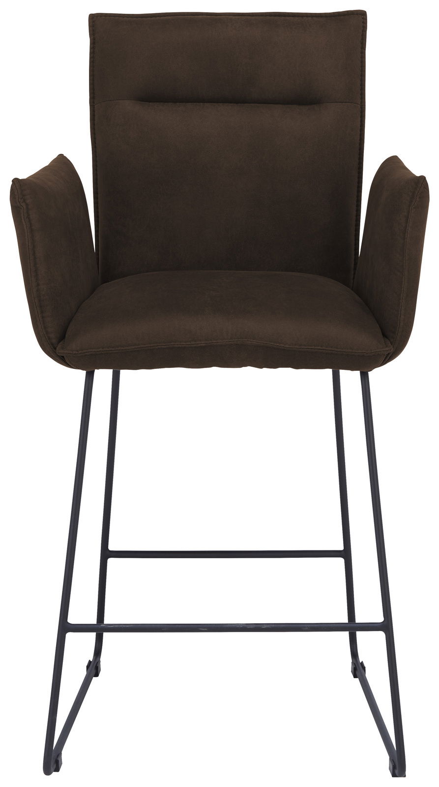 Vorderansicht eines braunen Tresensessels mit Metallbeinen und gepolsterten Armlehnen.