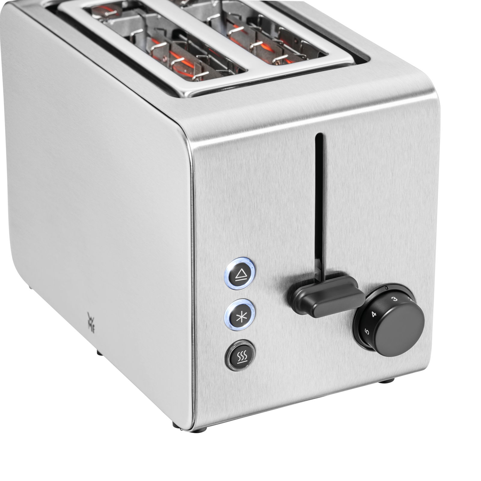 Silberner WMF Stelio Toaster Edition mit zwei Schlitzen, seitlicher Bedienknopf und Funktionstasten, Perspektive von vorne rechts