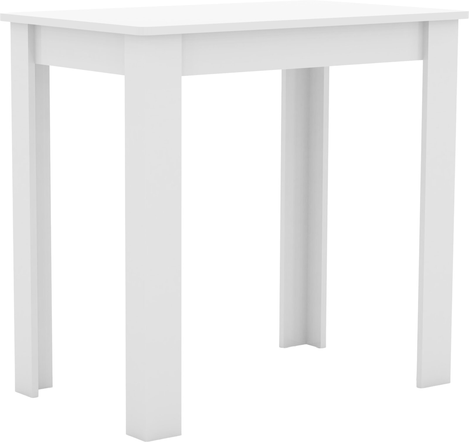 Weißer, minimalistischer Tisch mit geraden Beinen und glatter Tischplatte, freigestellt vor weißem Hintergrund, in schräger Vorderansicht von oben