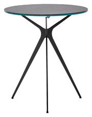 Moderner Beistelltisch mit rundem Glasplatte und dreibeinigem Metallgestell, seitliche Perspektive