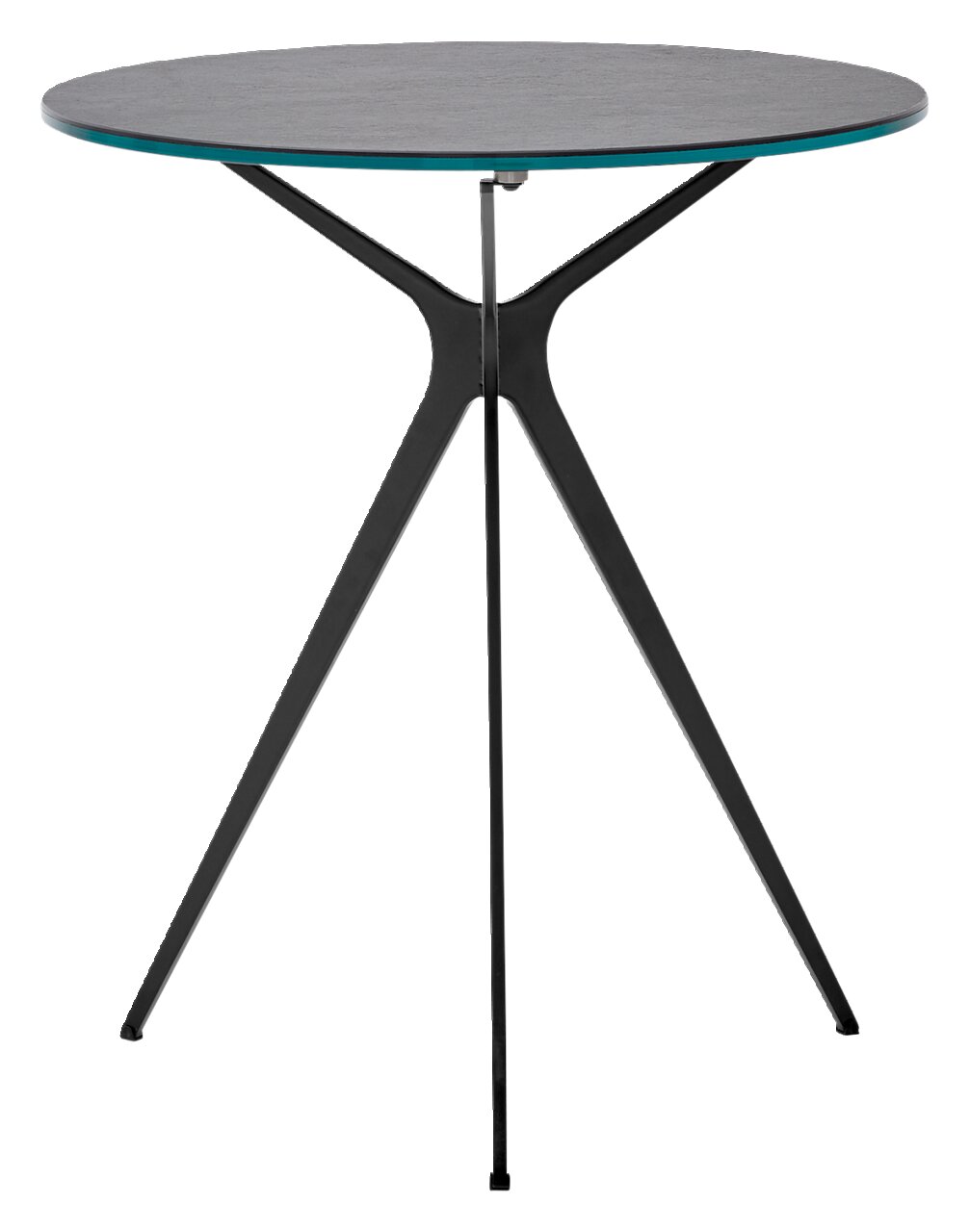 Moderner Beistelltisch mit rundem Glasplatte und dreibeinigem Metallgestell, seitliche Perspektive