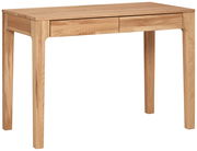 Holzschreibtisch mit zwei Schubladen, frontal fotografiert