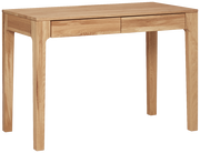 Holzschreibtisch mit zwei Schubladen, frontal fotografiert