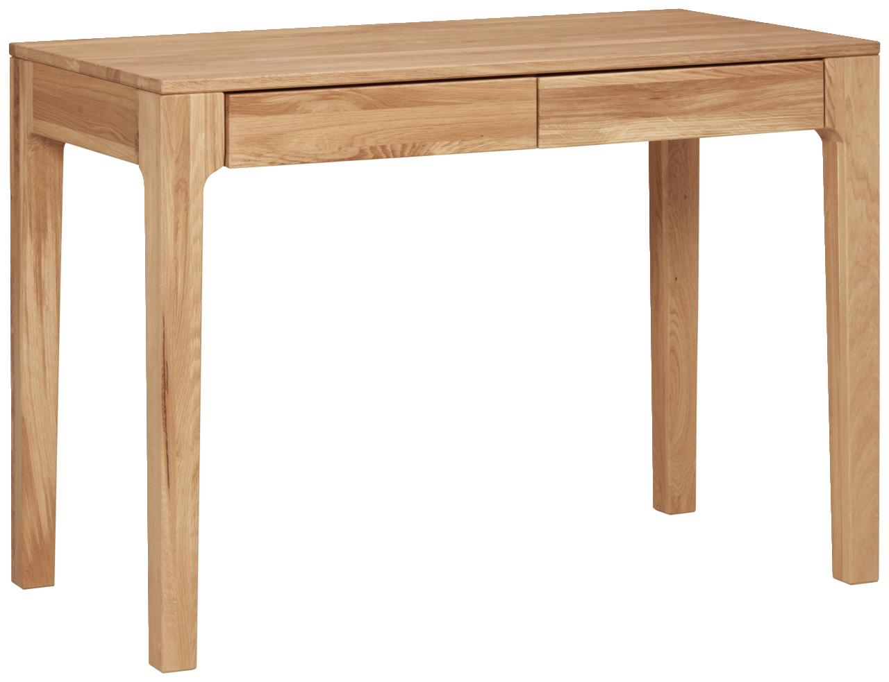 Holzschreibtisch mit zwei Schubladen, frontal fotografiert