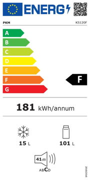 Energieeffizienzlabel für ein Küchengerät, Modell PKM KS120F, mit Energieklasse F, einem jährlichen Energieverbrauch von 181 kWh, einem Gefrierfachvolumen von 15 Litern, einem Kühlfachvolumen von 101 Litern und einer Geräuschentwicklung von 41 dB. Frontal