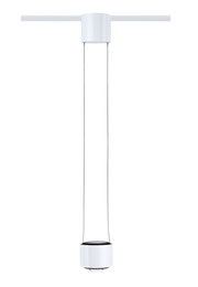 Minimalistisches Schienenpendel Aldan in Weiß, von vorne betrachtet, mit zylindrischem Design und zwei dünnen Aufhängungen.