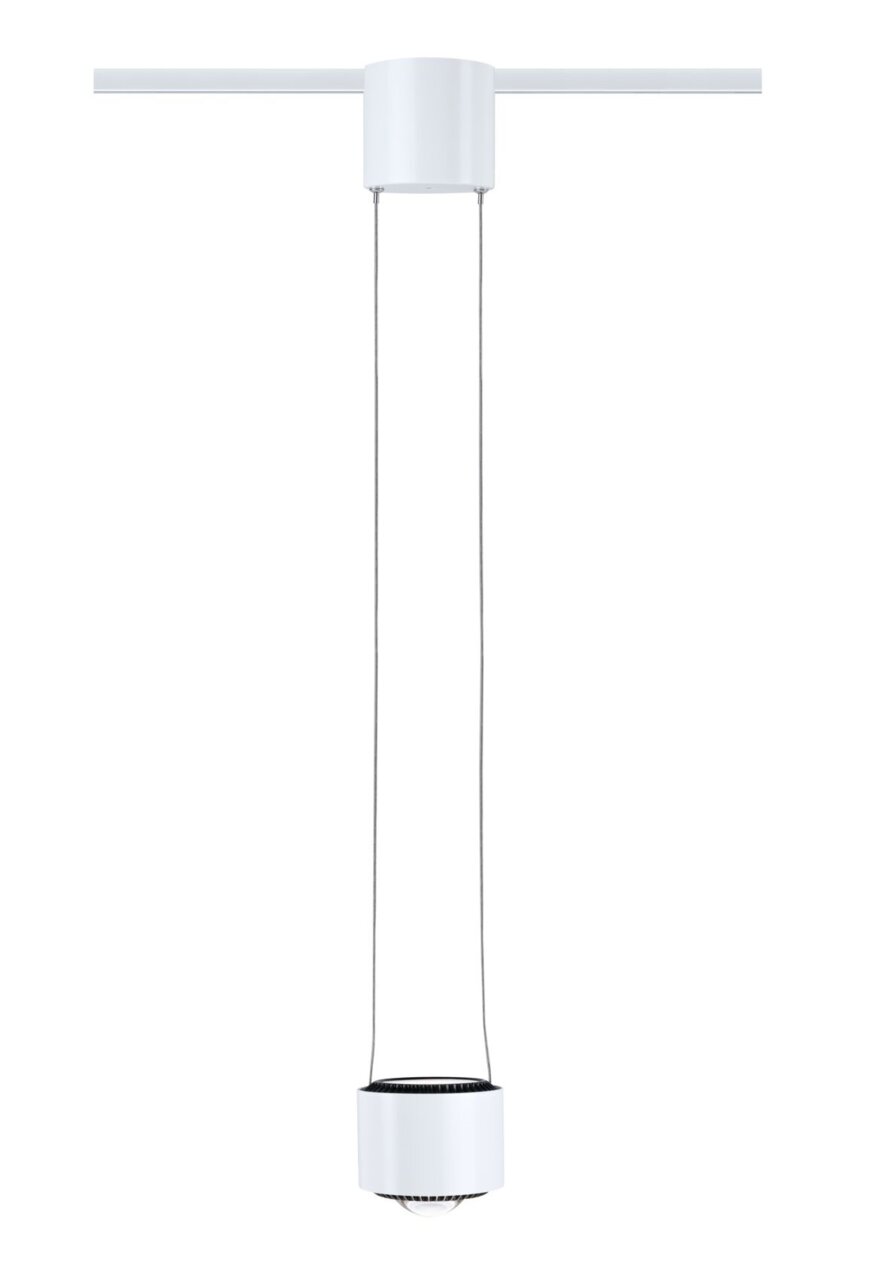 Minimalistisches Schienenpendel Aldan in Weiß, von vorne betrachtet, mit zylindrischem Design und zwei dünnen Aufhängungen.