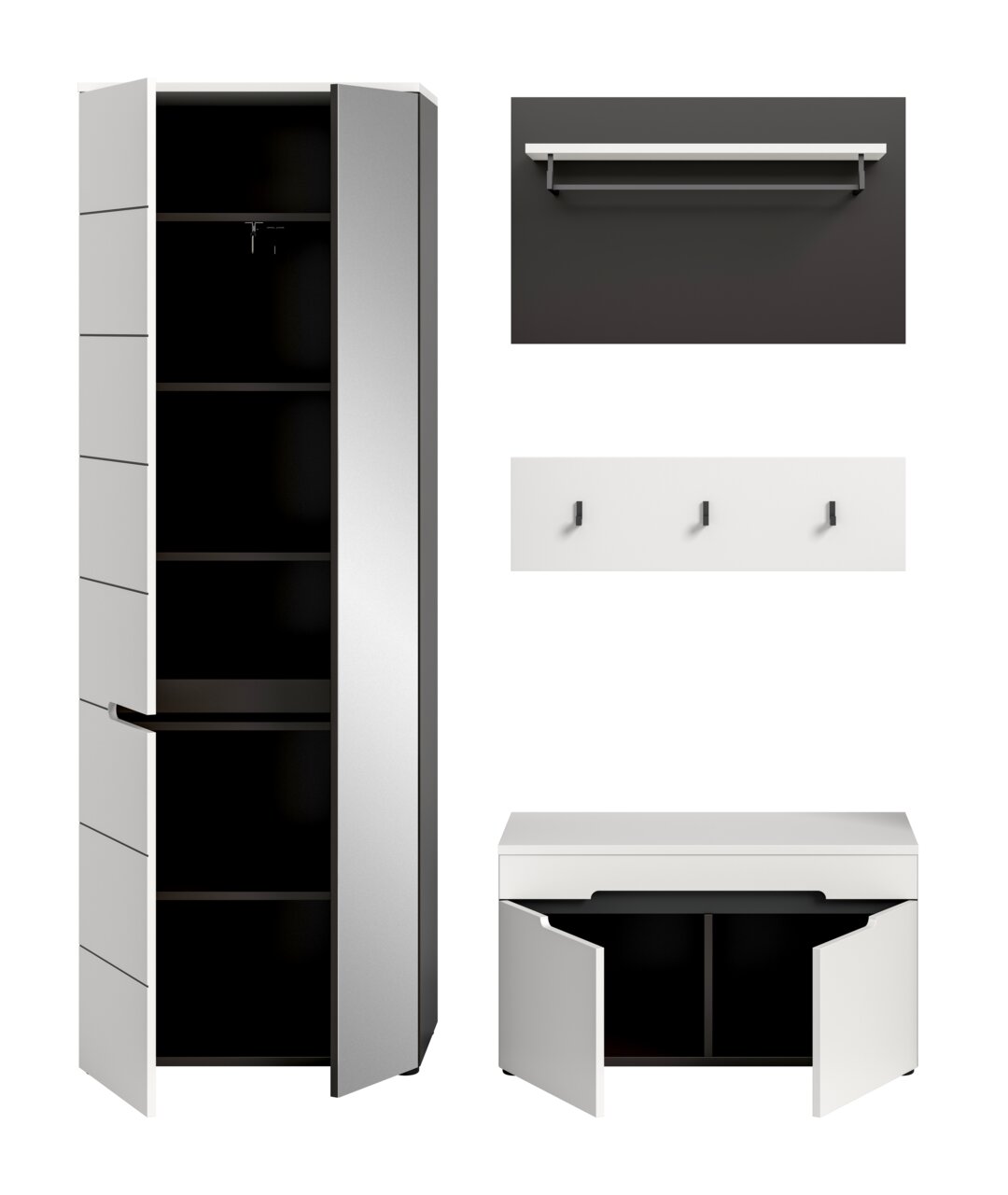 Modernes weißes Garderoben-Set mit hohem Schrank und geöffneten Türen, schwarzem Innenraum, Wandpaneel mit drei Haken, Wandablage und niedrigem Schuhschrank; Ansicht frontal in leichter Perspektive