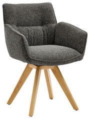 Grauer Armlehnstuhl mit Holzbeinen, seitliche Perspektive