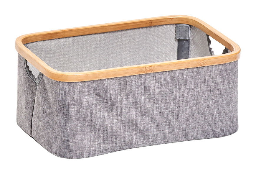 Rechteckiger Aufbewahrungskorb mit grauem Stoff und Bambusrahmen, seitliche Perspektive