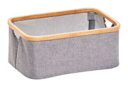Rechteckiger Aufbewahrungskorb mit grauem Stoff und Bambusrahmen, seitliche Perspektive