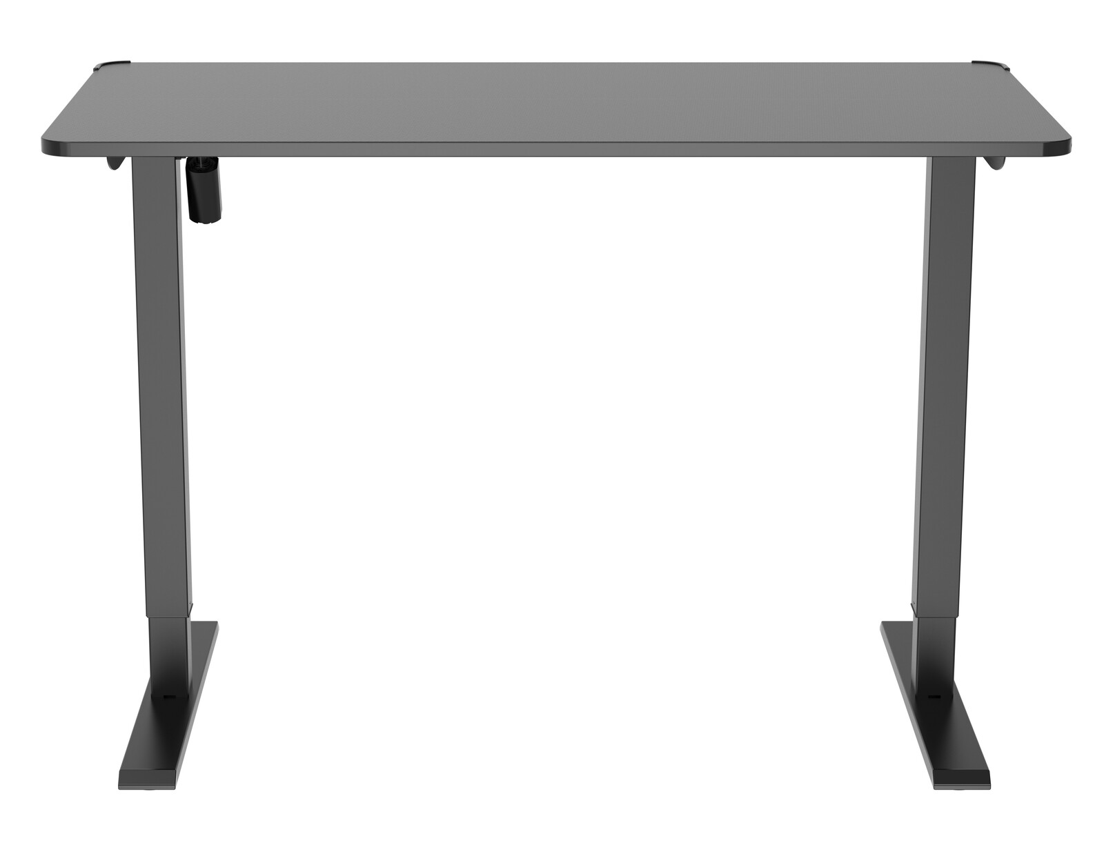 Moderner E-Gaming Tisch in schwarzer Farbe, frontal betrachtet, mit stabilen Metallbeinen und einer glatten Tischplatte.