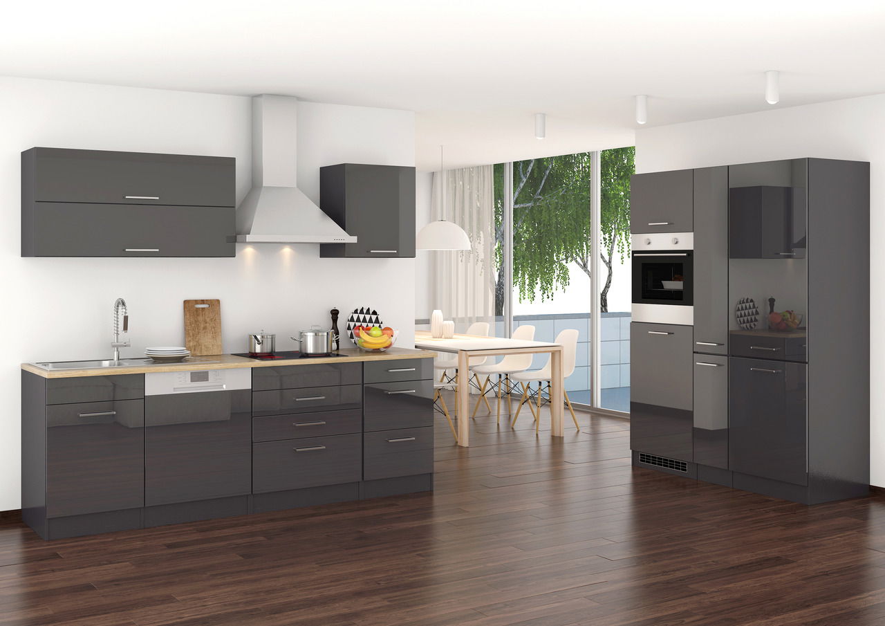 Held Möbel Küchenzeile MAILAND Moderne Küchenzeile in dunklem Hochglanz mit integriertem Geschirrspüler und Backofen, seitliche Perspektive