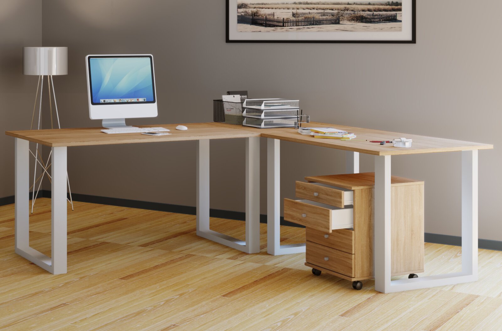 L-förmiger Eckschreibtisch mit Holzplatte und weißen Metallkufen in modernem Büro, mit Rollcontainer und Computer, Perspektive: frontale leicht seitliche Ansicht