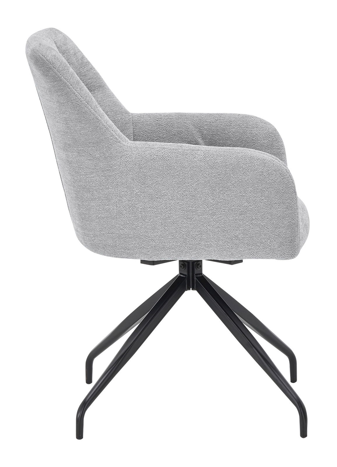 Grauer Armlehnstuhl mit schwarzem Metallgestell, Seitenansicht