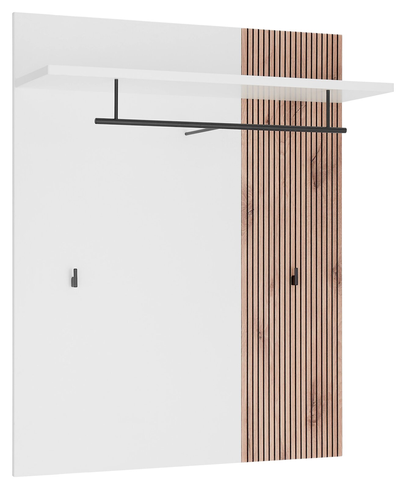 Voleo Garderobenpaneel breit MENARO Garderobenpaneel in moderner Optik mit weißer Ablagefläche und schwarzer Kleiderstange, kombiniert mit einer Holzvertäfelung. Frontalansicht.
