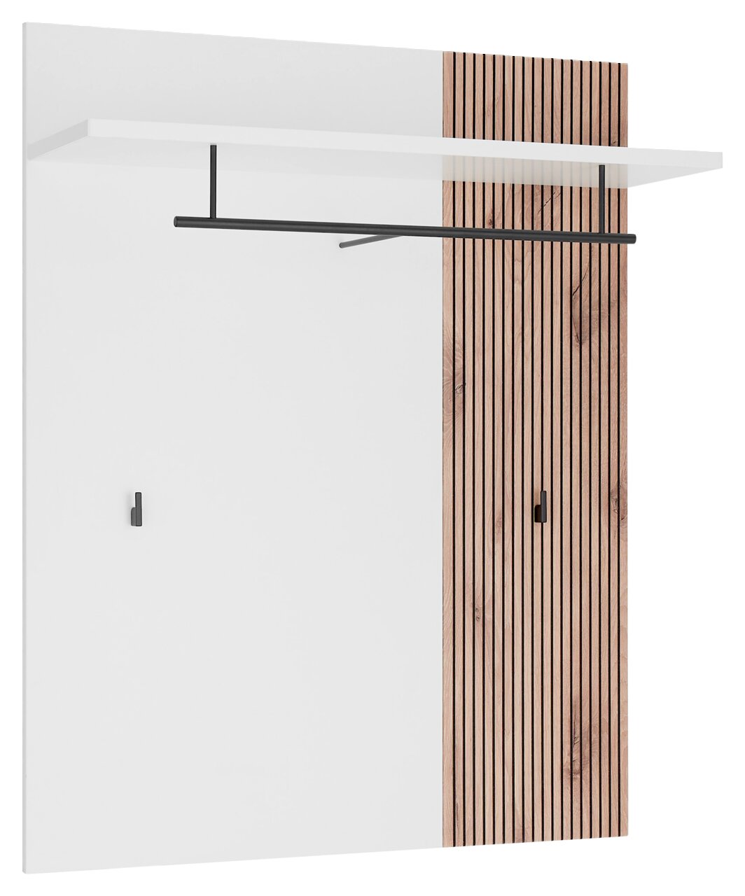 Voleo Garderobenpaneel breit MENARO Garderobenpaneel in moderner Optik mit weißer Ablagefläche und schwarzer Kleiderstange, kombiniert mit einer Holzvertäfelung. Frontalansicht.