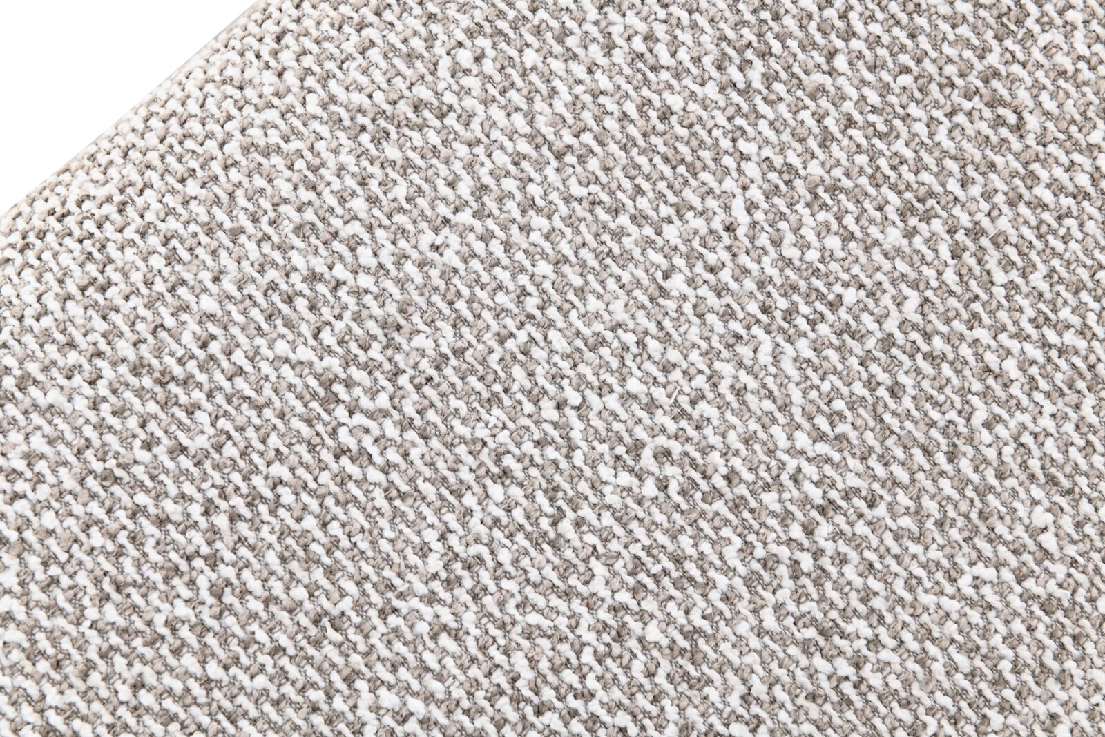 Detailaufnahme aus schräger Draufsicht einer grob gewebten, melierten Stoffoberfläche in Beige und Weiß mit strukturierter Bouclé-Optik