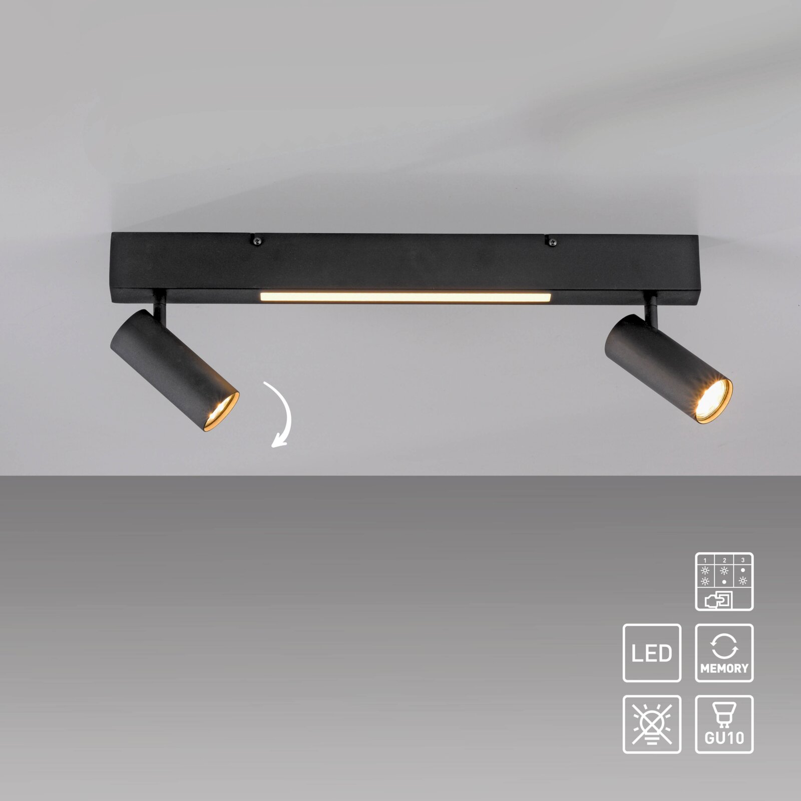 Schwarze LED-Deckenleuchte/Spotbalken mit zwei schwenkbaren Strahlern und mittigem Lichtstreifen, Ansicht von unten (Untersicht)