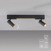 Schwarze LED-Deckenleuchte/Spotbalken mit zwei schwenkbaren Strahlern und mittigem Lichtstreifen, Ansicht von unten (Untersicht)