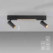 Schwarze LED-Deckenleuchte/Spotbalken mit zwei schwenkbaren Strahlern und mittigem Lichtstreifen, Ansicht von unten (Untersicht)