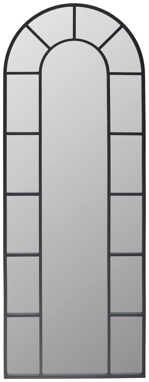 Großer, rechteckiger Spiegel mit abgerundeter Oberseite und schwarzem Rahmen, frontal abgebildet.