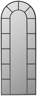 Großer, rechteckiger Spiegel mit abgerundeter Oberseite und schwarzem Rahmen, frontal abgebildet.