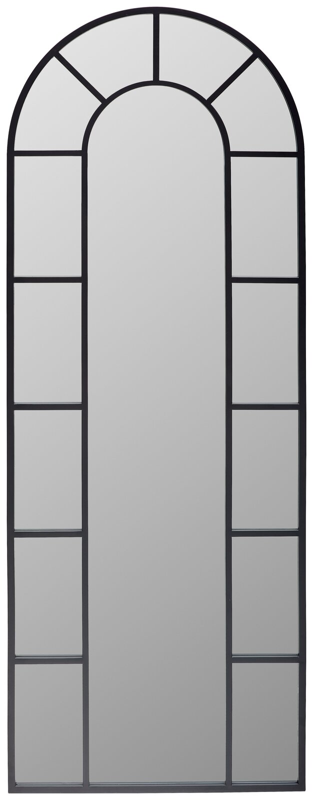 Großer, rechteckiger Spiegel mit abgerundeter Oberseite und schwarzem Rahmen, frontal abgebildet.