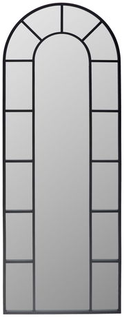 Großer, rechteckiger Spiegel mit abgerundeter Oberseite und schwarzem Rahmen, frontal abgebildet.