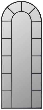 Großer, rechteckiger Spiegel mit abgerundeter Oberseite und schwarzem Rahmen, frontal abgebildet.