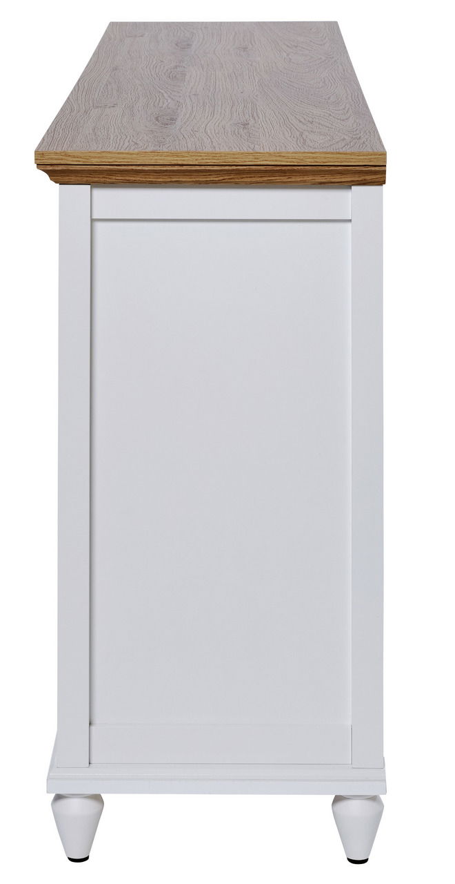 Seitenansicht eines weißen Sideboards mit Holzoberfläche und eleganten Füßen.