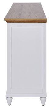 Seitenansicht eines weißen Sideboards mit Holzoberfläche und eleganten Füßen.