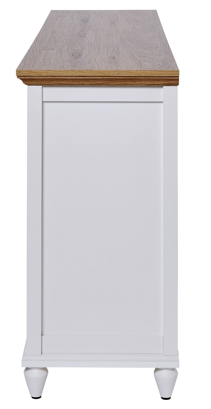 Seitenansicht eines weißen Sideboards mit Holzoberfläche und eleganten Füßen.