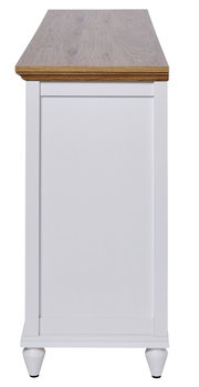 Seitenansicht eines weißen Sideboards mit Holzoberfläche und eleganten Füßen.