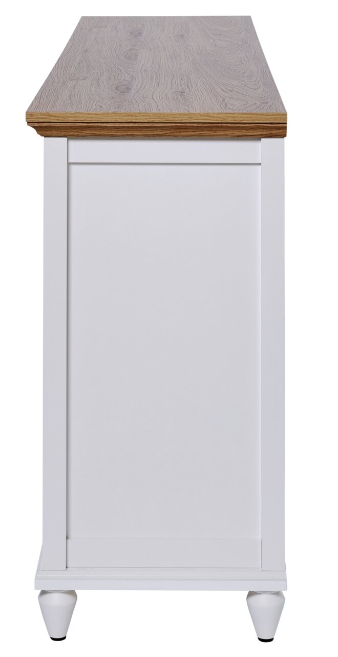 Seitenansicht eines weißen Sideboards mit Holzoberfläche und eleganten Füßen.