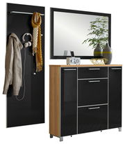 Garderoben-Set 3-tlg. mit schwarzem Hochglanz-Finish, bestehend aus einem Wandpaneel mit Haken und Ablage, einem großen Spiegel und einem Sideboard mit Schubladen und Türen, seitliche Perspektive