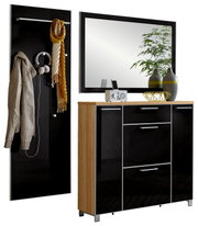 Garderobeset (3-delig) met een zwarte hoogglansafwerking, bestaande uit een wandpaneel met haken en een plank, een grote spiegel en een dressoir met lades en deuren, zijaanzicht