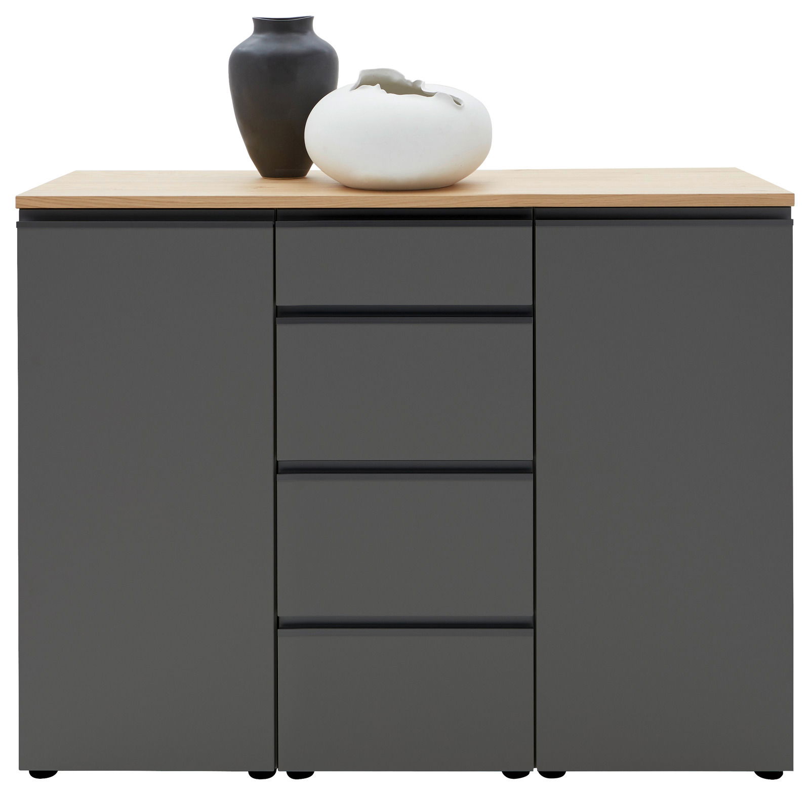 Kombi-Kommode 135 in dunklem Grau mit Holzplatte, frontal abgebildet, dekoriert mit zwei Vasen.
