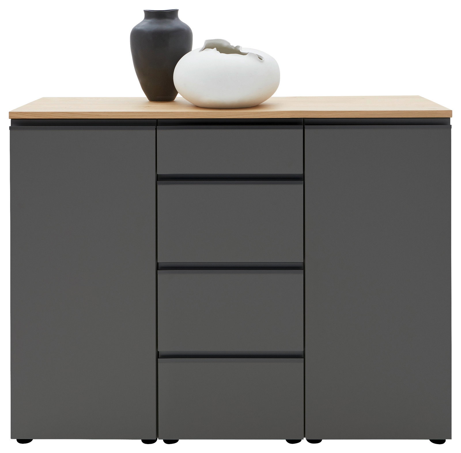 Kombi-Kommode 135 in dunklem Grau mit Holzplatte, frontal abgebildet, dekoriert mit zwei Vasen.