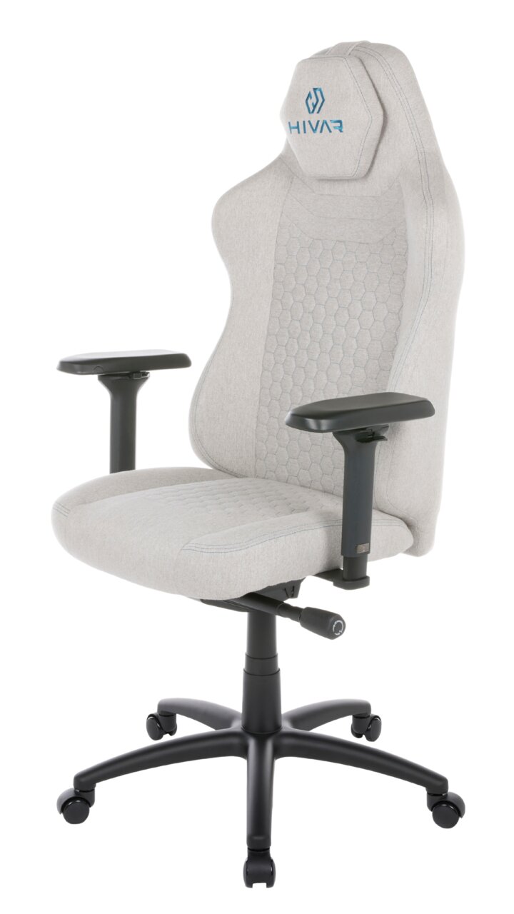 Grauer Gaming-Stuhl mit ergonomischem Design, verstellbaren Armlehnen und stabiler Basis, seitliche Perspektive
