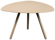 Moderner dreibeiniger Beistelltisch in Beige, aus seitlicher Perspektive fotografiert.